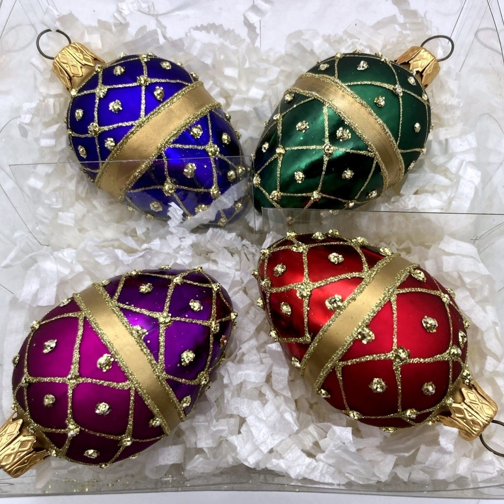 Vintage Set Of 4 Egg Shaped Hand Blown Glass Ornaments Made In Poland 2001